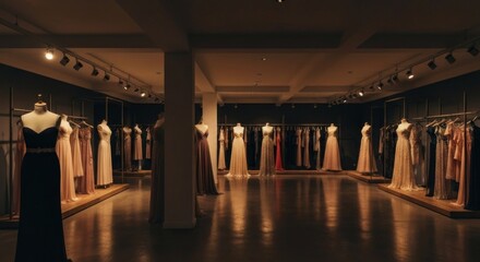 Boutique interior gowns displayed on mannequins, lit by track lighting