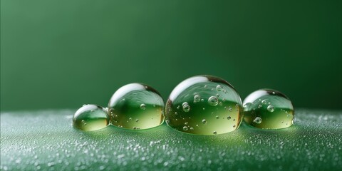 Close-up of dew drops with reflections on green surface
