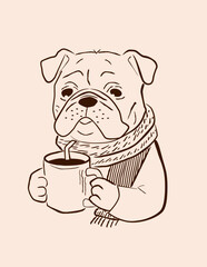 
A sketch of a bulldog wearing a scarf and holding a coffee mug is perfect for a logo or branding. This sweet, playful animal illustration is perfect for cozy, friendly, and approachable designs.