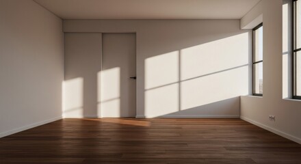 Obraz premium Bright, airy room with wood floor and sunlit wall