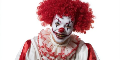 Caucasian male teen clown with red wig and white costume smiling on white background