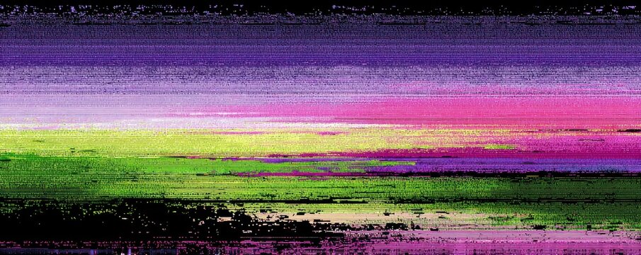 Abstract glitch gradient with purple, pink, and green bands creating a vibrant digital artwork