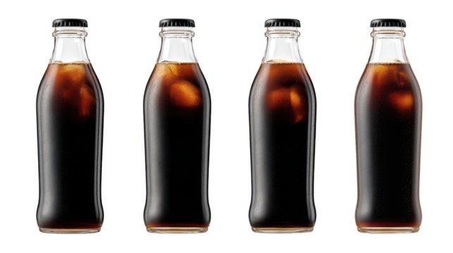 Four soda bottles stand against dark background refreshing drinks displayed in glass containers