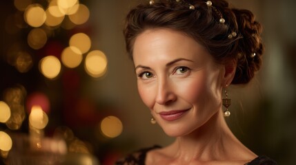 A mature woman in her 40s with a full view of her elegant Christmas bun hairstyle, styled with pearl pins and subtle festive accents, wearing a classy evening dress, warm candlelight background