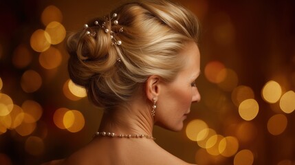 A mature woman in her 40s with a full view of her elegant Christmas bun hairstyle, styled with pearl pins and subtle festive accents, wearing a classy evening dress, warm candlelight background