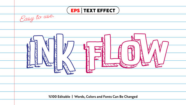Ink flow text effect editable vector design with blue and red hand-drawn style on lined notebook paper background