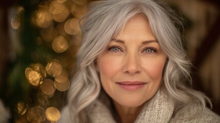Naklejka premium An older woman with silver hair styled in soft waves, gentle holiday makeup, cozy Christmas home background, warm golden tones