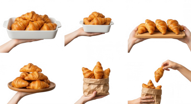 Golden baked croissants presented in various ways isolated on a transparent background