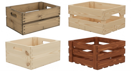 Wooden crates stacked and separate isolated on a transparent background