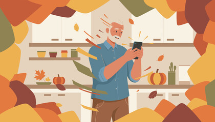Happy senior man using phone at home in autumn kitchen illustration