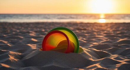 Buckets nested in the sand on a beach with a bright sunset over the ocean