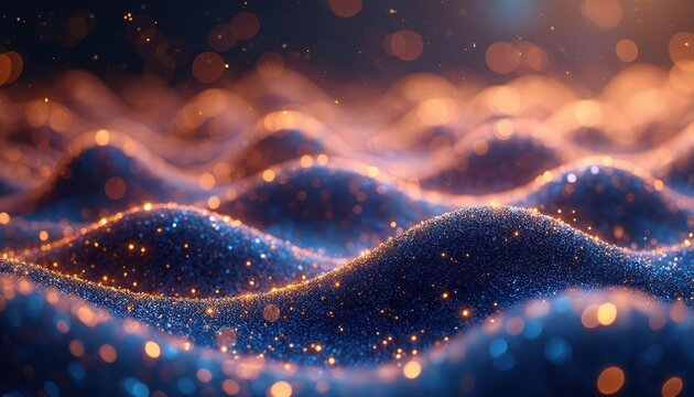 Abstract blue fabric waves shimmer with golden light particles. It creates a luxurious, dynamic, and futuristic backdrop for creative projects. - Powered by Adobe