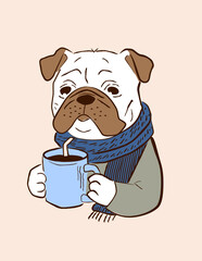 
A sketch of a bulldog wearing a scarf and holding a coffee mug is perfect for a logo or branding. This sweet, playful animal illustration is perfect for cozy, friendly, and approachable designs.