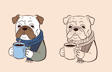 
A sketch of a bulldog wearing a scarf and holding a coffee mug is perfect for a logo or branding. This sweet, playful animal illustration is perfect for cozy, friendly, and approachable designs.