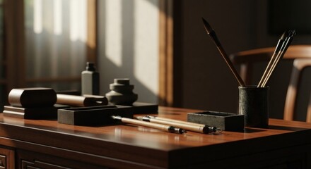 Obraz premium Calligraphy tools on wooden desk with sunlight filtering through window