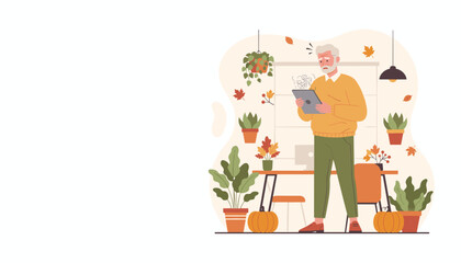 Stressed senior man having trouble with technology in a fallthemed home office