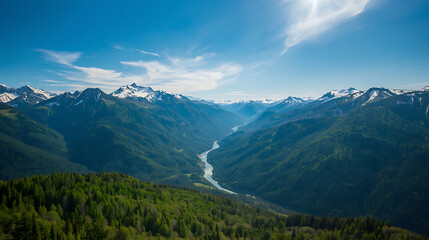 Obraz premium Spectacular Mountain Vista with River View in Cascades Region, Washington State: Valley, Snow Capped Peaks, Evergreen Forest, Blue Sky and Sunny Outdoors