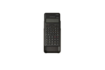 Full studio product shot of a black scientific calculator placed on a pure white background. The composition clearly displays the device body, digital screen, keypad, mathematical functions Isolated.