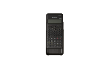 Full studio product shot of a black scientific calculator placed on a pure white background. The composition clearly displays the device body, digital screen, keypad, mathematical functions Isolated.