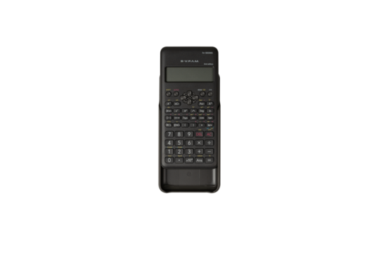 Full studio product shot of a black scientific calculator placed on a pure white background. The composition clearly displays the device body, digital screen, keypad, mathematical functions Isolated.
