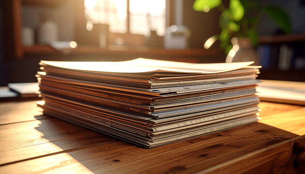 Piled Documents on Wooden Desk: A stack of assorted papers and documents meticulously arranged on a wooden desk, basking in natural light, ready for examination.