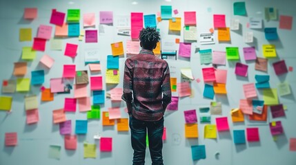 Man stands in front of a wall covered in colorful sticky notes, contemplating business strategy