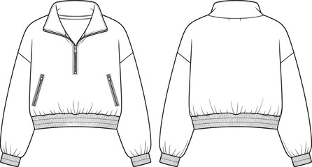 Women’s half zip pullover sweatshirt flat sketch, long sleeve ribbed hem design, front and back vector illustration, CAD apparel fashion template © Ideasy Mind