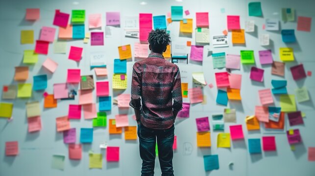 Man stands in front of a wall covered in colorful sticky notes, contemplating business strategy