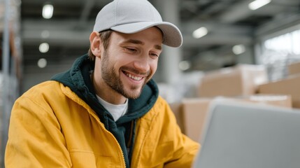 Warehouse worker controls logistics delivery using technology in a dynamic environment