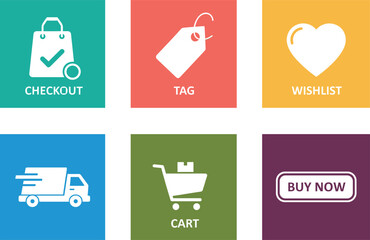 E-commerce icon set, colorful shopping buttons with labels, vector design for online store UI and digital retail templates