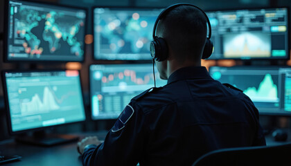 Police officer wears headset, monitors multiple computer screens with data and maps in a dimly lit command center. Focuses intently on emergency response operations during late night shift.