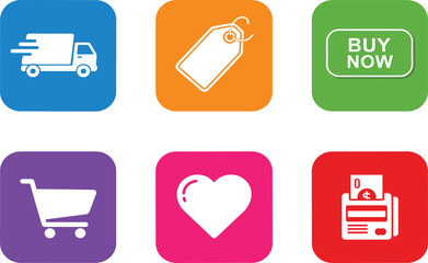 E-commerce icon set, colorful square buttons with shopping and payment symbols for retail apps and online store UI templates
