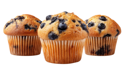 Three blueberry muffins are presented group of three blueberry muffins with visible berries