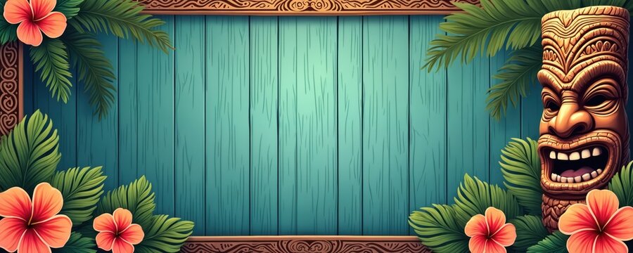 Tiki mask with tropical flowers and leaves frames a teal wooden background. Hawaiian party invitation template with ornamental border. Space for custom text.