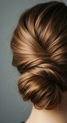 Naklejka premium Close-up detail of soft, healthy hair styled in a messy, effortless chignon. This organic, natural bun highlights texture and movement ,strands ,smooth hair ,brown