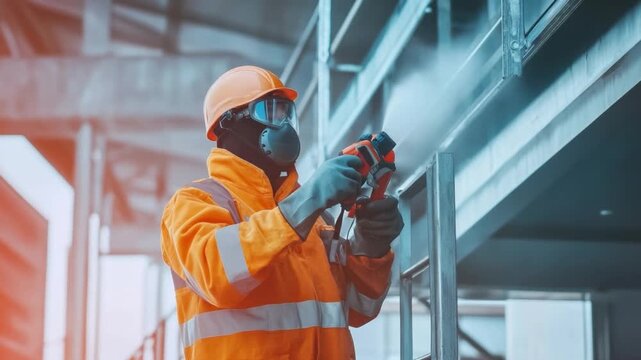Protective Worker: A construction worker, engulfed in a cloud of spray, stands resolute in full protective gear, demonstrating the utmost commitment to workplace safety and precision.