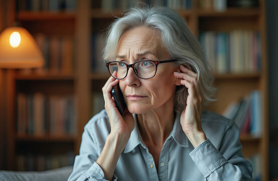 Elderly woman looks worried while talking on mobile phone at home. She has distressed expression, holding hands near ears, hearing bad news indoors. Concerned senior female receives upsetting message.