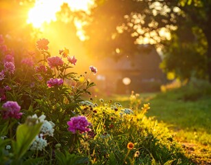 Obraz premium flowers and plants in the garden at sunset