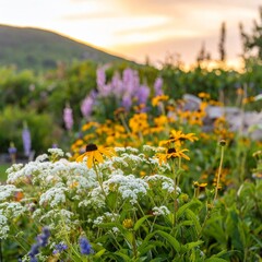 Obraz premium flowers and plants in the garden at sunset