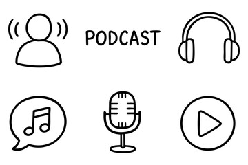 Podcast doodle icon set - audio recording and broadcasting symbols. Vector stock