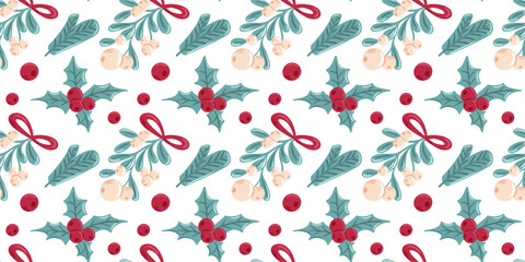 Obraz premium Seamless pattern of mistletoe, holly, and spruce branches. Perfect for vector illustration, it features light-green outlines, clean lines, and a minimalist style.