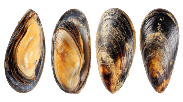 Four colorful mussels lie together featuring yellow and brown shells group of three mussels includes one yellow and one brown shell