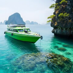 Vibrant green passenger boat resting on turquoise waters near tropical island cliffs landscape