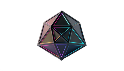 A single, smooth, abstract 3D geometric shape, glossy matte black and neon gradient color, floating in a clean, minimalist style. Transparent background PNG. Soft studio lighting, high resolution, hyp