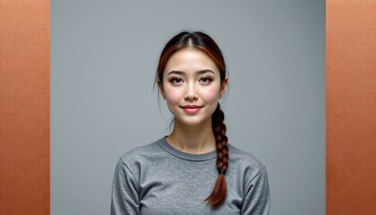 A young woman with a smile. She has her hair tied back into a ponytail and appears to be indoors, as indicated by the plain wall behind her