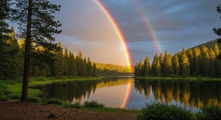Double rainbow arcs over serene lake surrounded by lush forest and cloudy sky