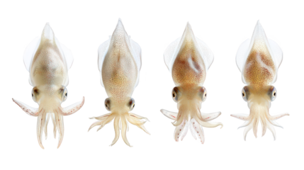 Five squids turn heads group of five squids face different directions five squids