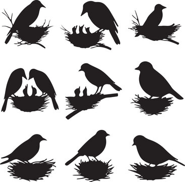 set of bird nest silhouettes in solid black.