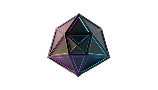 A single, smooth, abstract 3D geometric shape, glossy matte black and neon gradient color, floating in a clean, minimalist style. Transparent background PNG. Soft studio lighting, high resolution, hyp