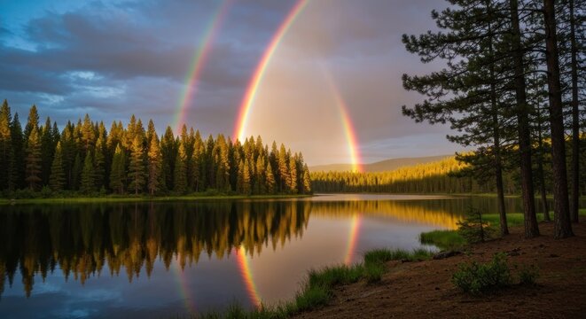 Double rainbow over lake, reflecting in water with pine trees and cloudy sky